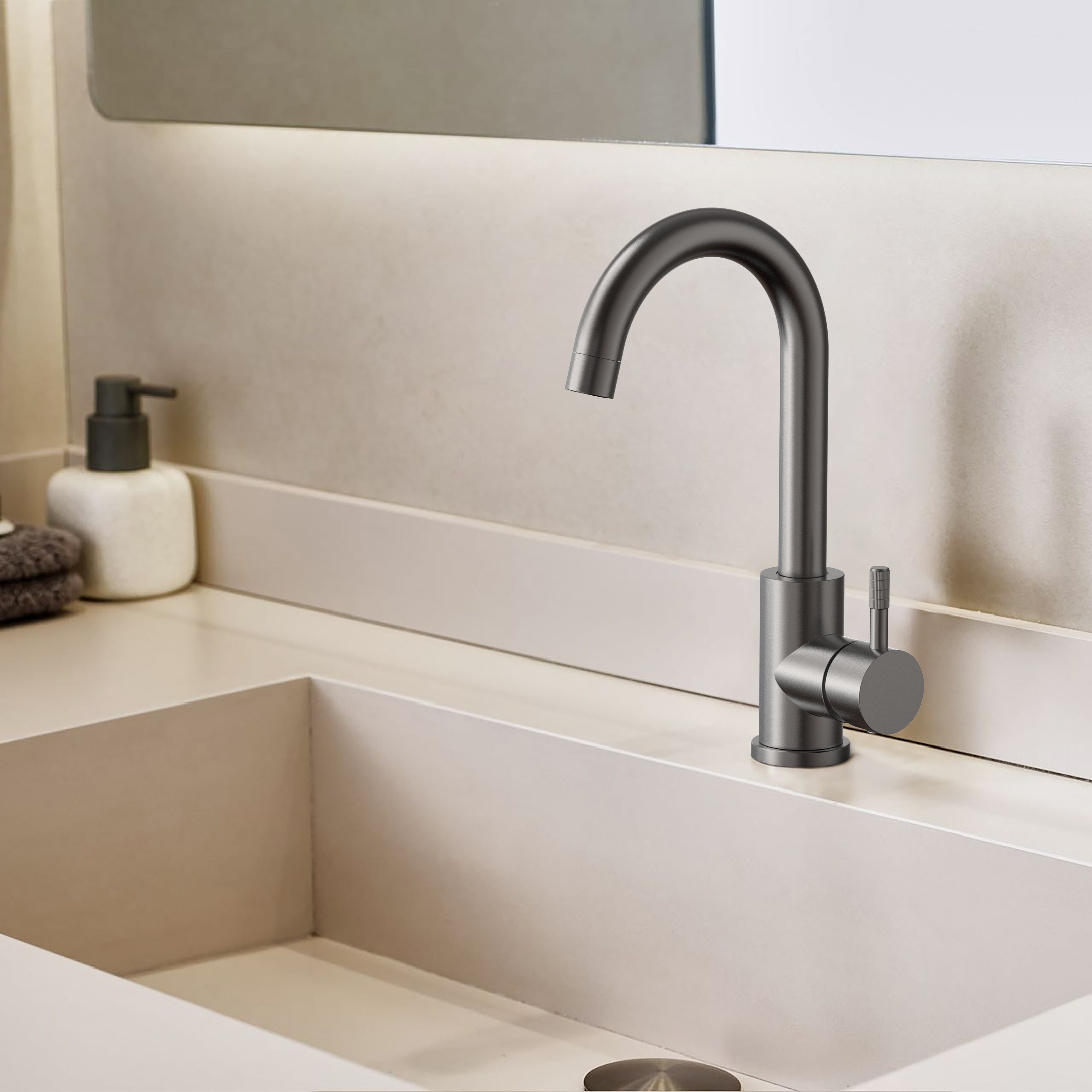 STRIA MITIGEUR LAVABO – BEC COURBÉ – MOBILE – DÉMARRAGE À FROID – POIGNÉE AVEC STRUCTURE STRIÉE RAFFINÉE – SANS BONDE – GUNMETAL (PVD)