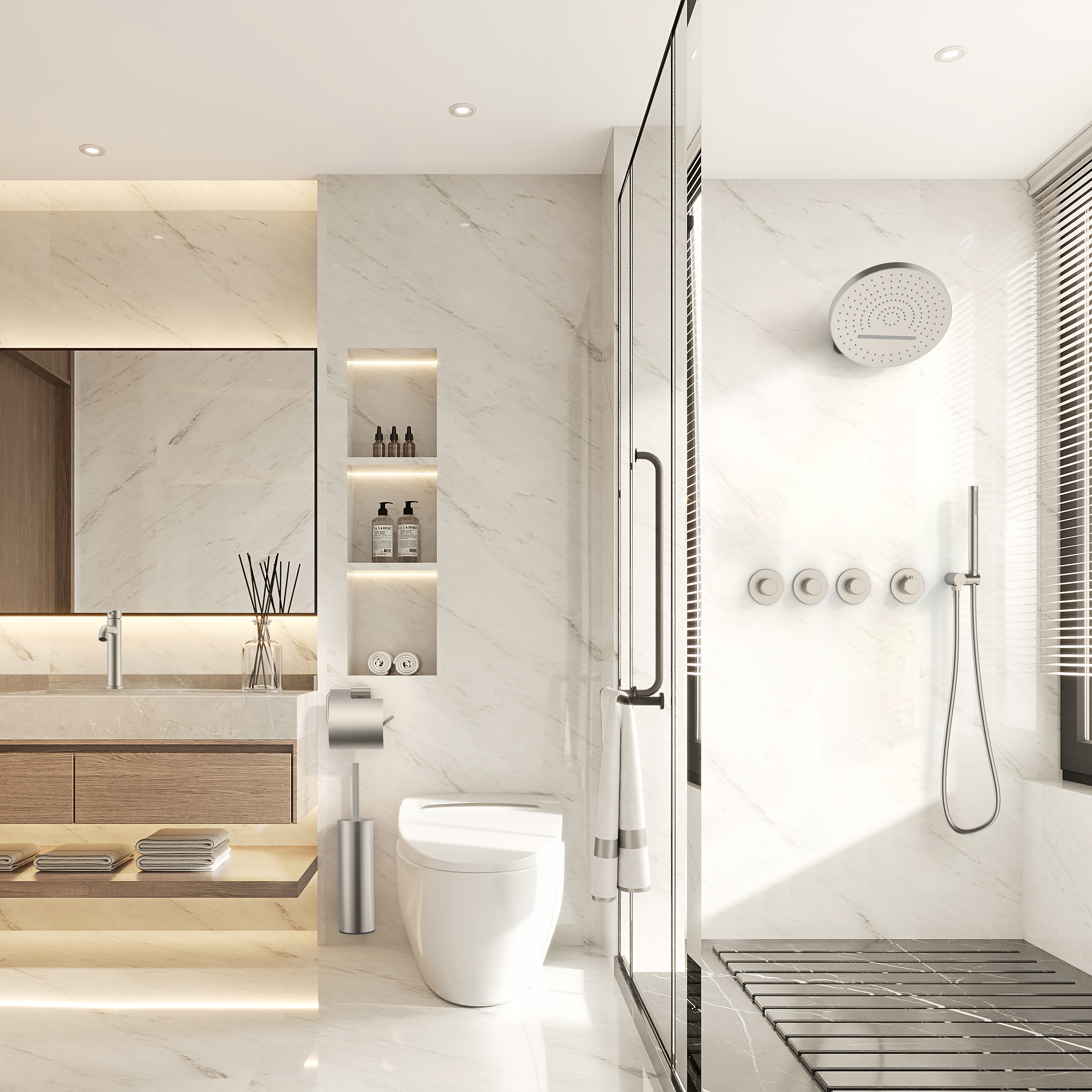 STRIA ÉLÉMENT DE FINITION POUR MITIGEUR DE DOUCHE – 3 VOIES AVEC 3 ROBINETS D’ARRÊT – THERMOSTATIQUE – ENCASTRÉ – RONDE – BOUTONS S AVEC STRUCTURE STRIÉE RAFFINÉE –  ACIER INOX BROSSÉ