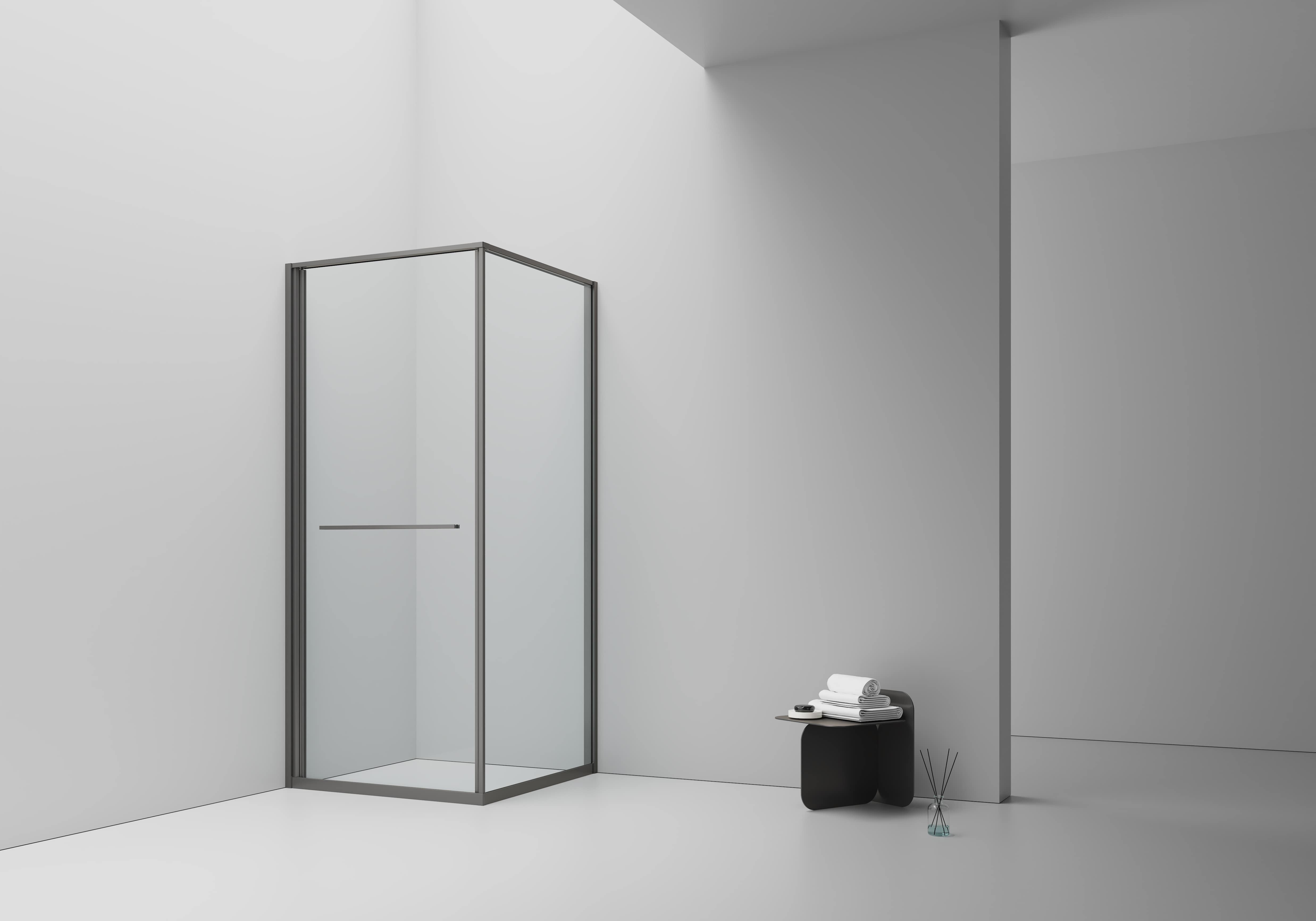 INSLIDE DOUCHECABINE - NAAR BINNEN OPENENDE SCHUIFDEUR EN ZIJWAND - RUIMTEBESPAREND - OMKEERBAAR - 6MM VEILIGHEIDSGLAS - 90X90X200 CM - GUNMETAL - HELDER GLAS