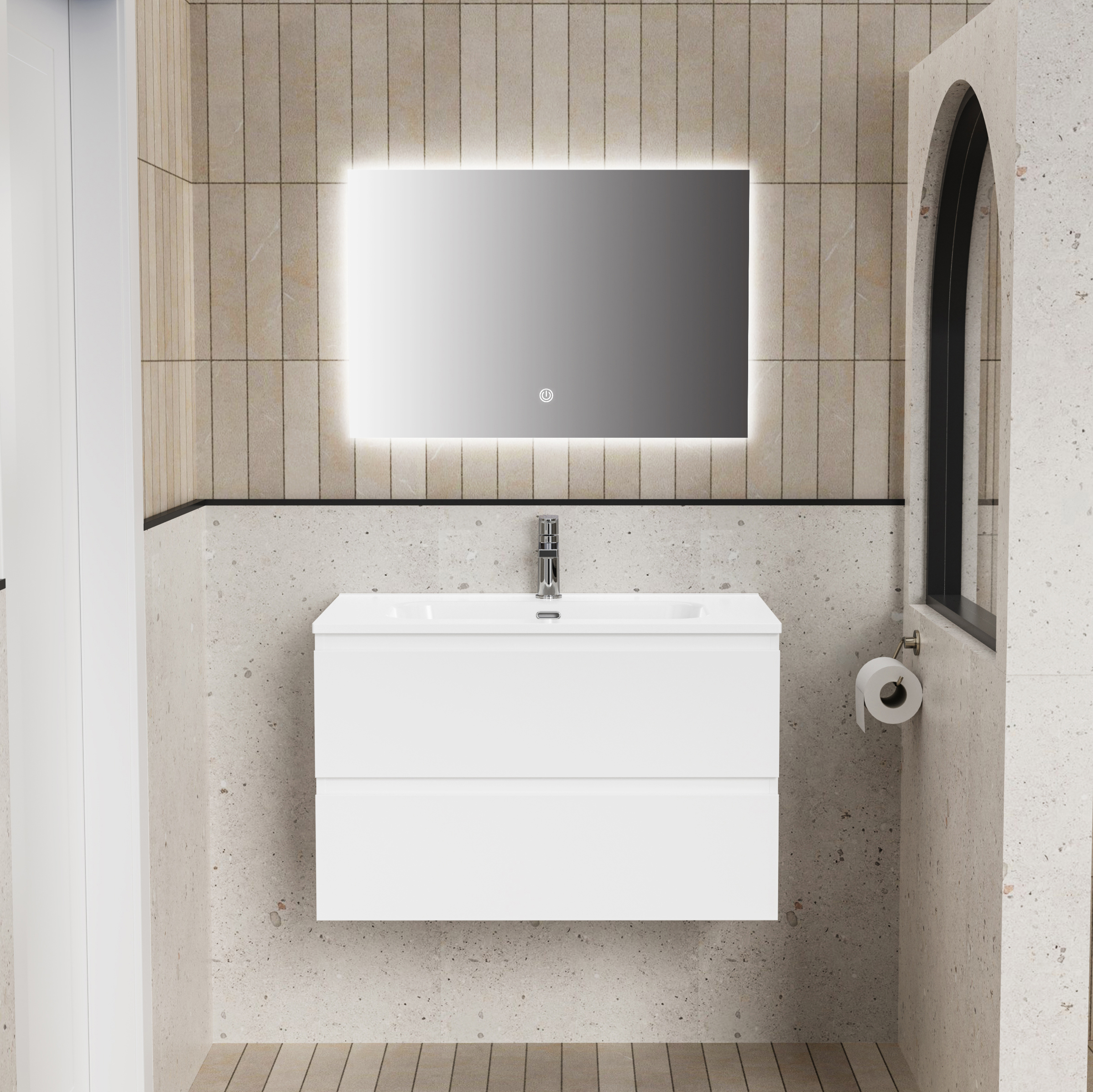ALONI LIVA BADKAMERMEUBELSET COMPLEET - MET ONDERKAST - MET WASTAFEL - MET LED SPIEGEL - 80CM - GLANZEND WIT