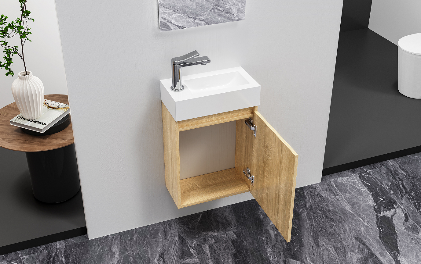 ALONI ZYRO TOILET FURNITURE SET - COMPLETE - CABINET WITH 1 DOOR - HANDLELESS - SOFT CLOSE - REVERSIBLE - MIRROR - TOILET BASIN - 40,5X22,5 CM - LIGHT OAK/GLOSSY WHITE