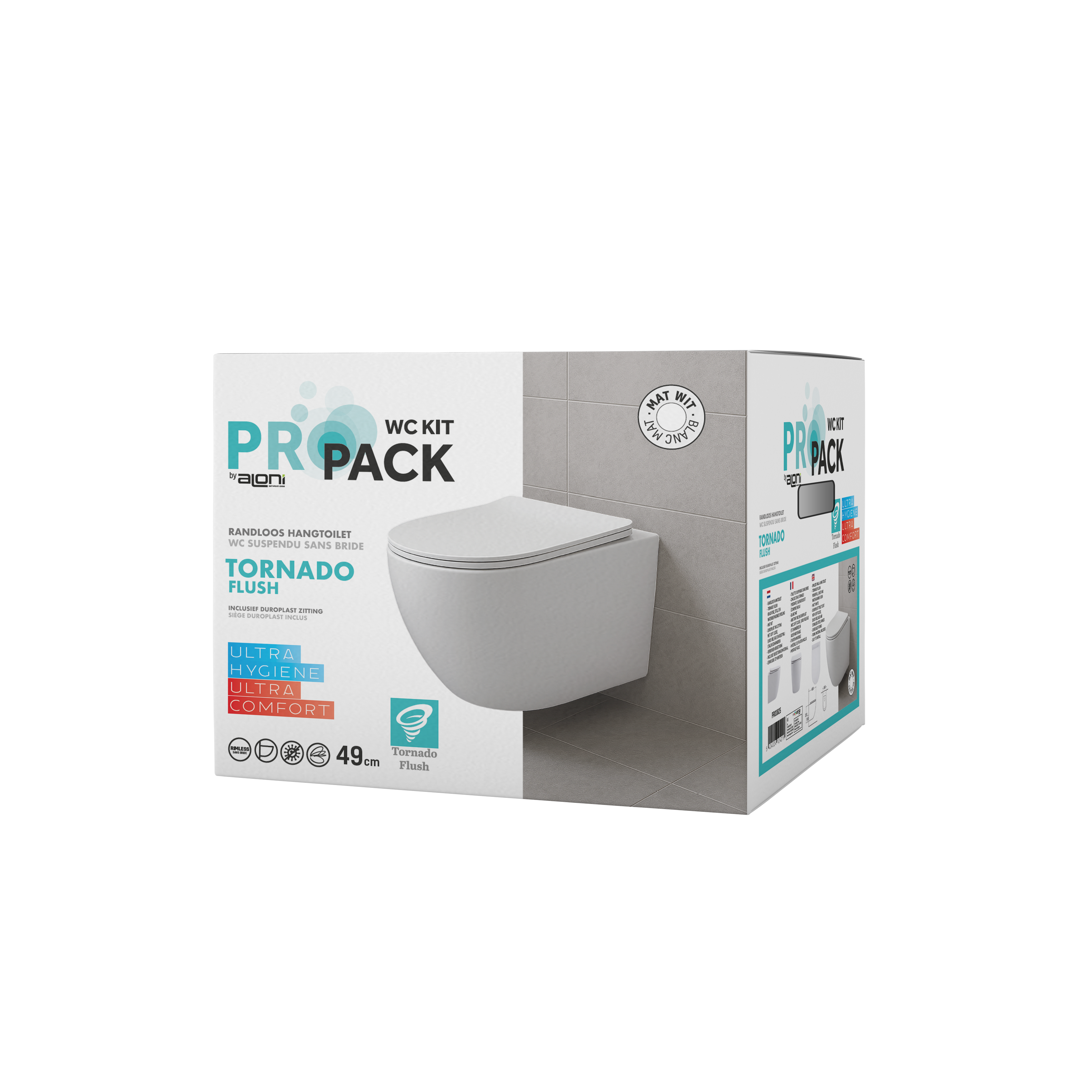ALONI PRO HANGTOILET - 360° FLUSH - RANDLOOS - MET ZITTING - DUROPLAST - SOFT CLOSE - QUICK RELEASE - COMPACT 49 CM - 36X32X49 CM - MAT WIT
