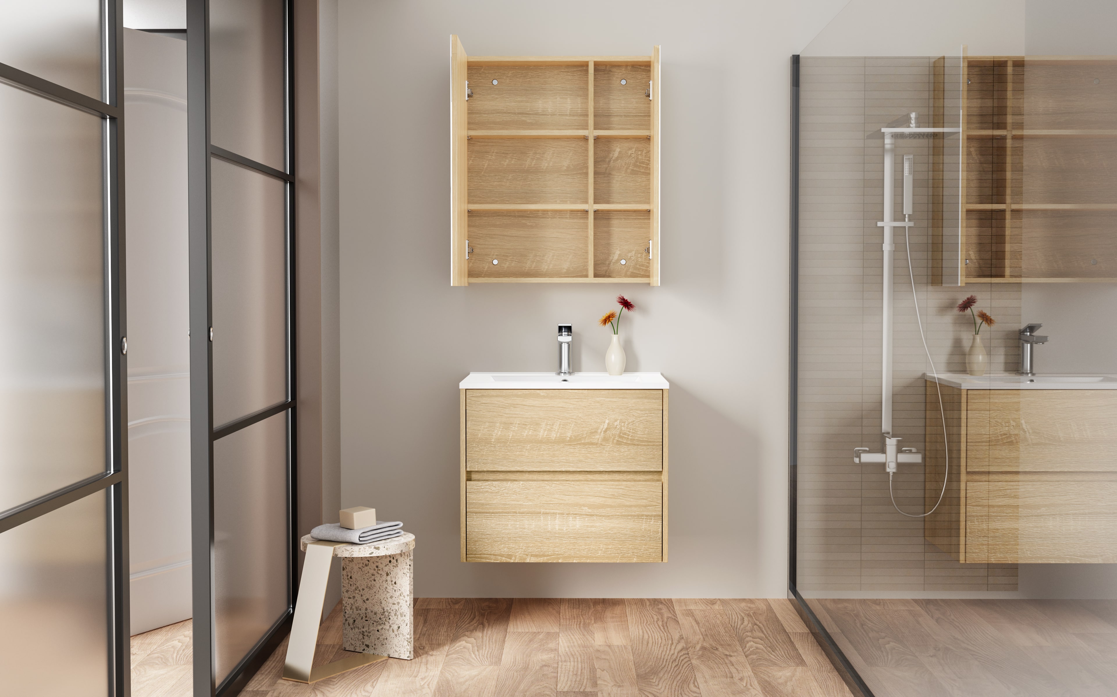 HAYAT MIRROR CABINET – 2 ASYMMETRICAL, SINGLE-SIDED MIRROR DOORS – 4 HEIGHT-ADJUSTABLE SHELVES – 60X70X15 CM – OAK